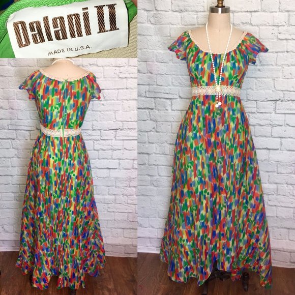 american vintage Dresses & Skirts - 1970s Chiffon Dress Boho High Low Front Faux Wrap Maxi Full Length Size Medium